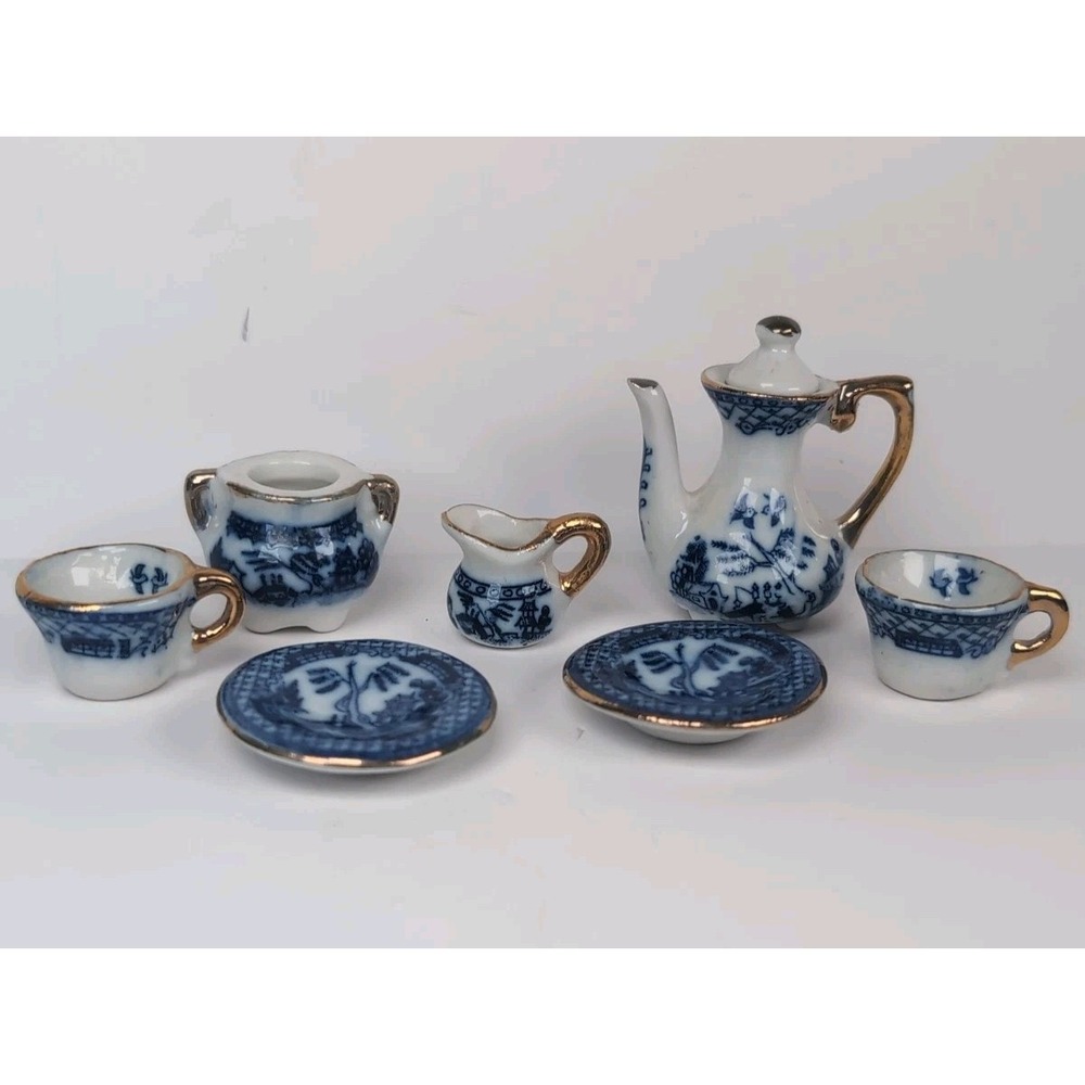 Vintage Blue & White Ceramic Coffee Tea Set Japan Blue Willow Doll House - Mini